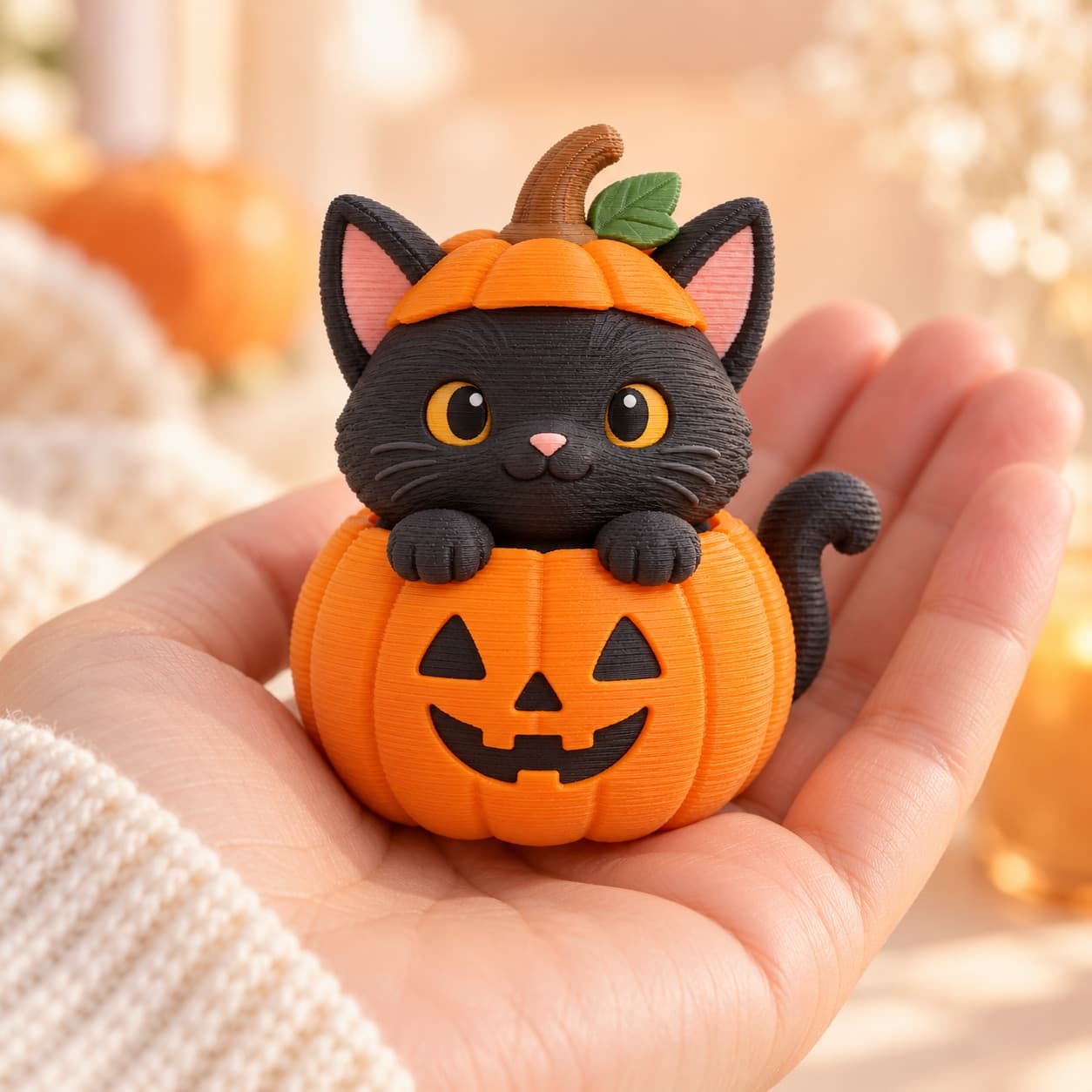 A pumpkin cat clicker resting in an open palm above a cream sweater cuff
