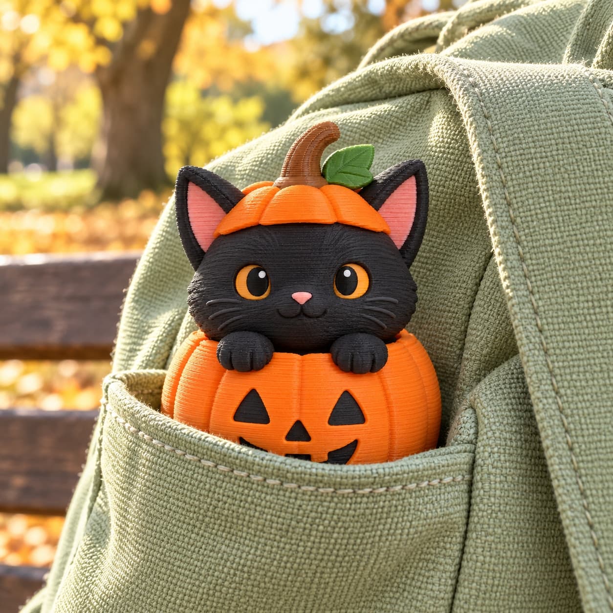 A pumpkin cat clicker peeking from a green backpack pocket outdoors