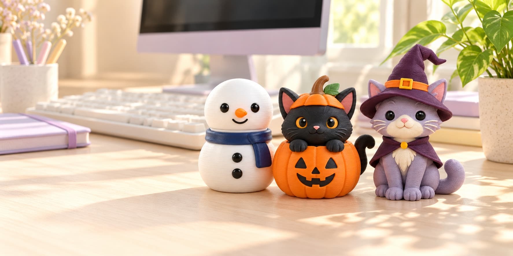 Three clickers beside an ivory keyboard on a sunlit desk with a lilac notebook and plant