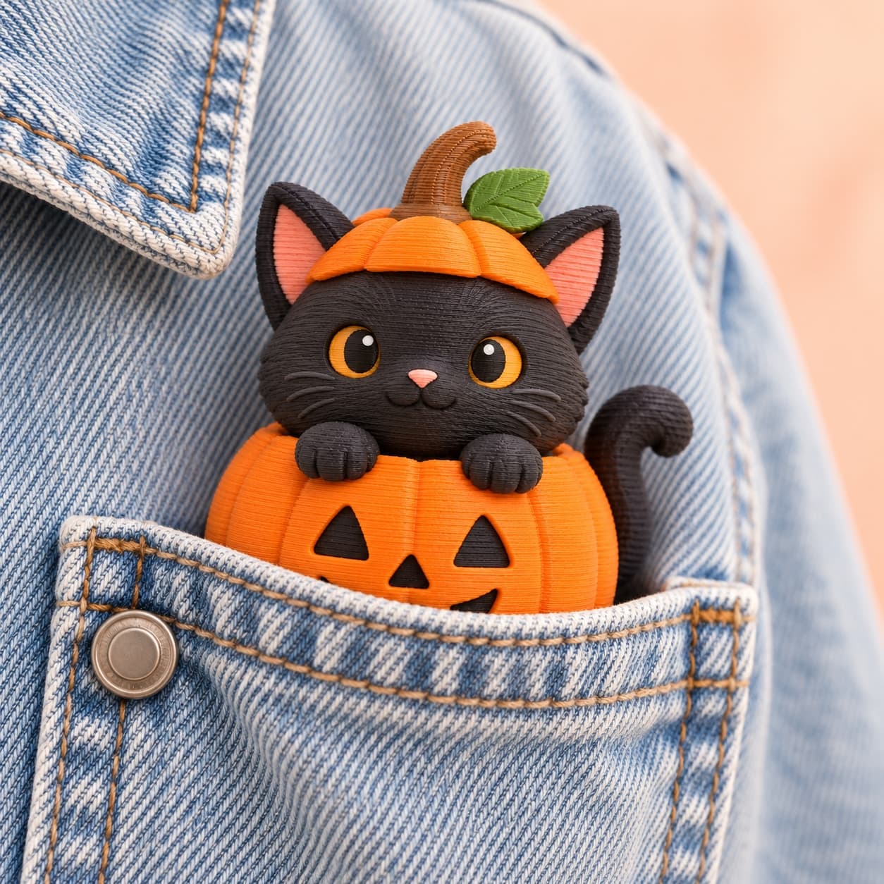A pumpkin cat clicker peeking from a light blue denim jacket pocket